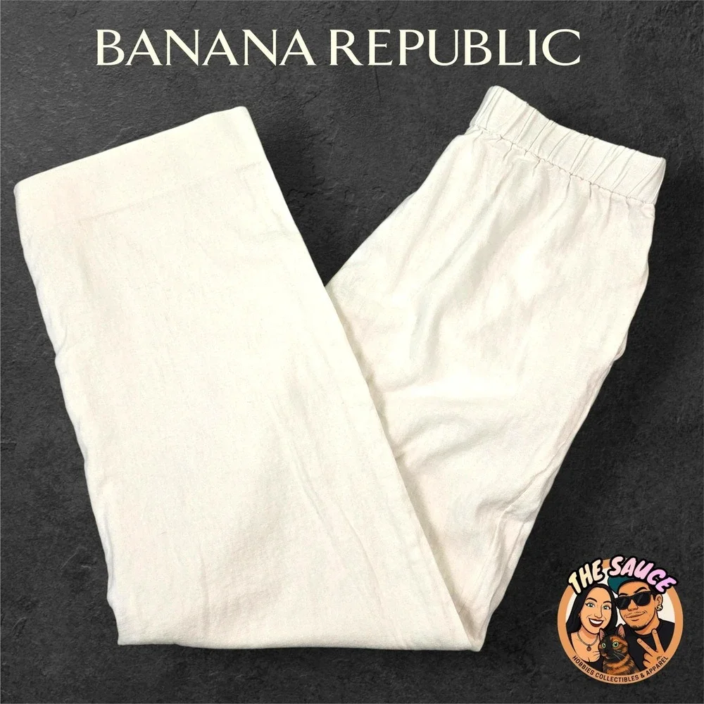 Banana Republic Linen Blend Pants Womens XS White‎ Straight Leg Elastic Waist